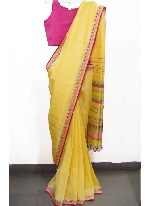 Yellow, Handwoven Organic Cotton, Textured Weave , Jacquard, Work Wear Saree 